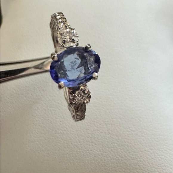 14K White Gold Tanzanite Solitaire with Diamonds Ring size 8 - Picture 6 of 6